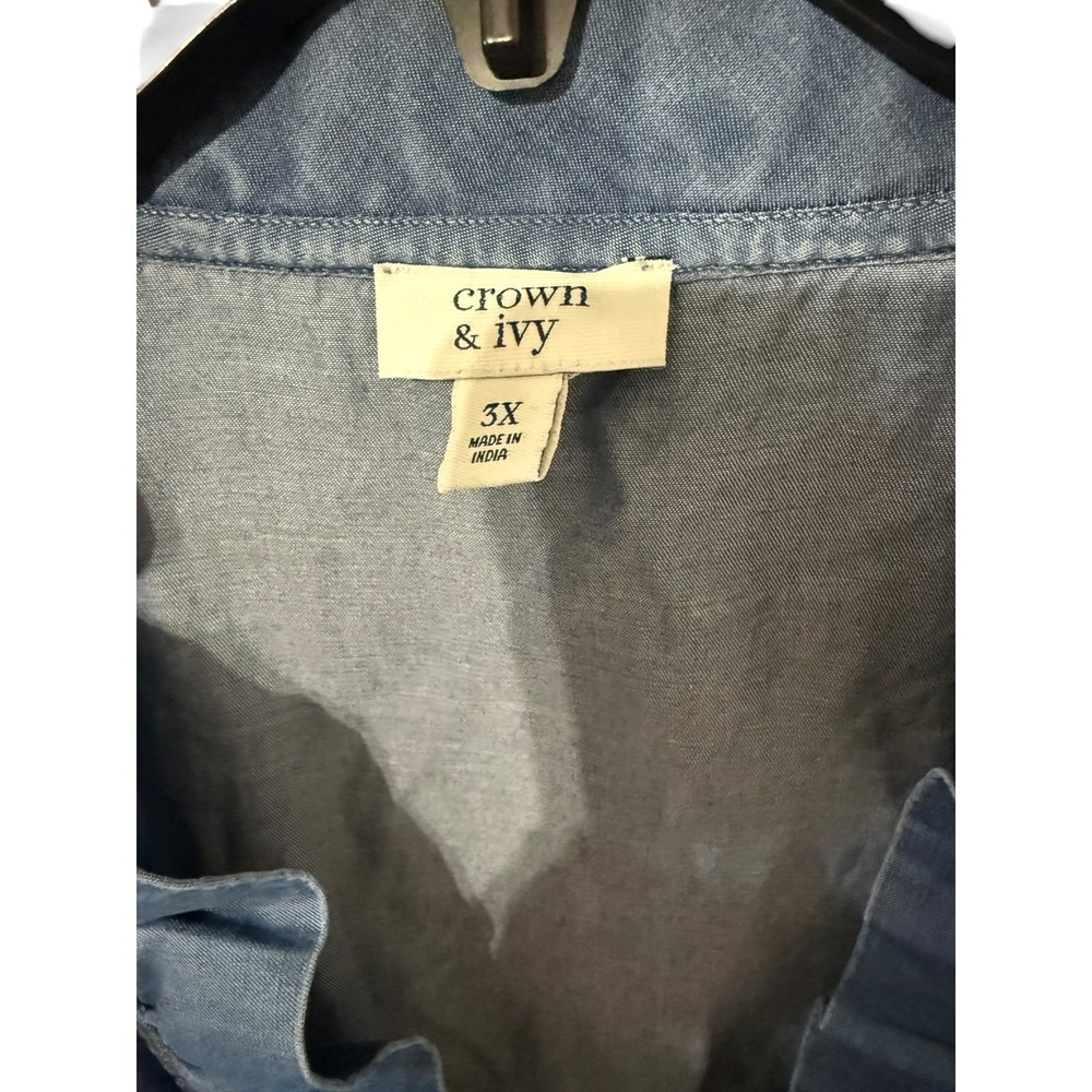 Crown & Ivy Womens 3X Blue Tencel Lyocell Ruffle V-Neck Peplum Blouse Top - Picture 3 of 4
